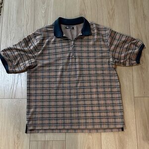 Urban Outfitters Brown Plaid Short-Sleeve Polo with Navy Trim